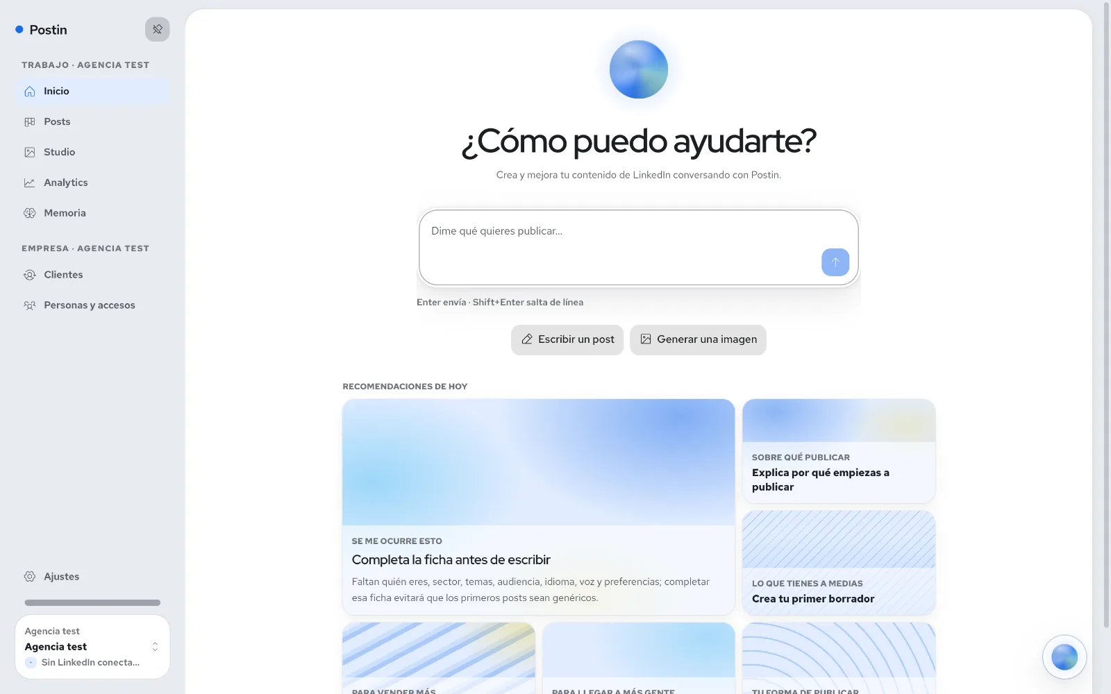 Inicio de Postin: el chat donde pides un post y Postin lo escribe con tu voz