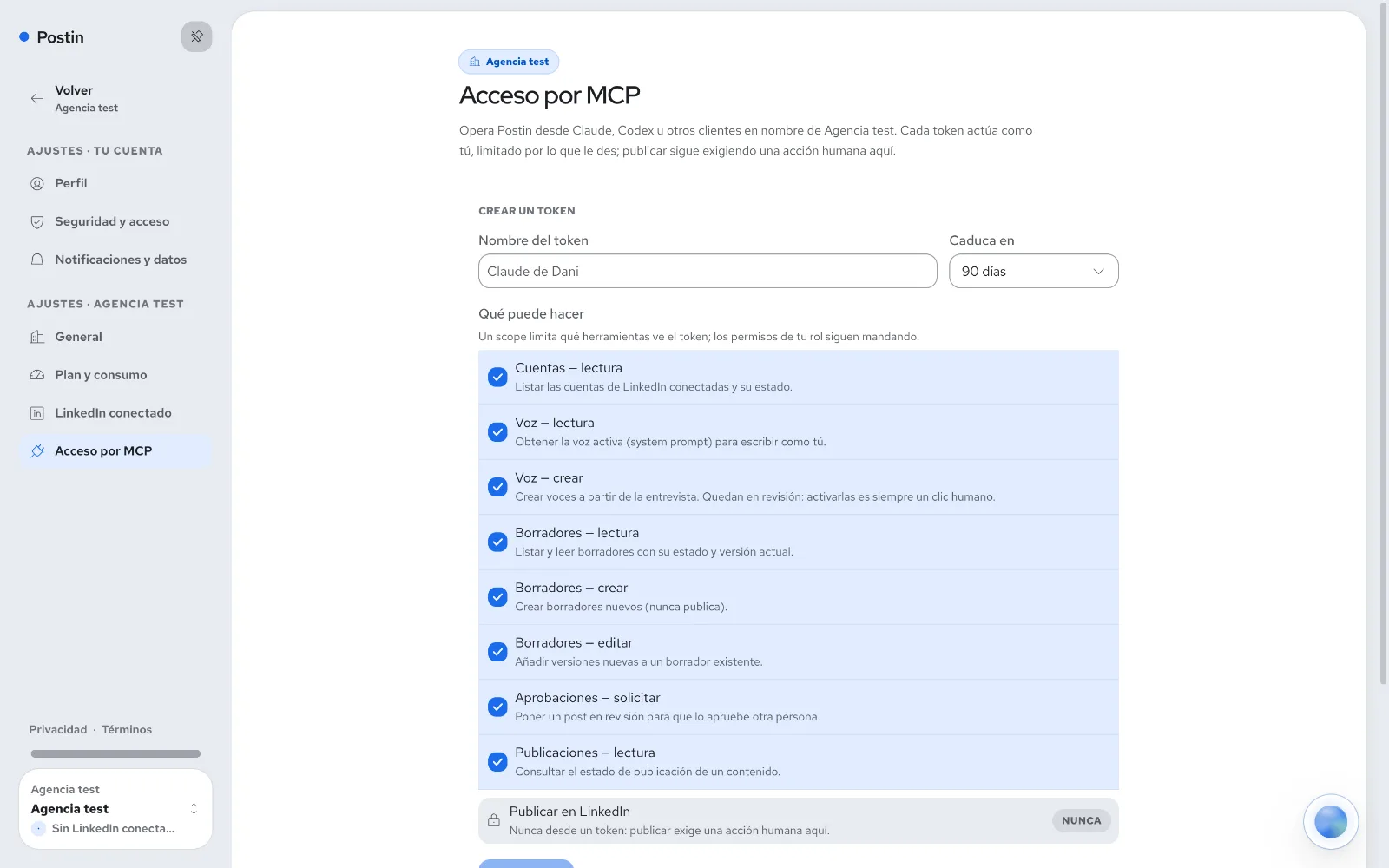 Acceso por MCP: conecta Claude, Codex u otro asistente a tu cuenta de Postin