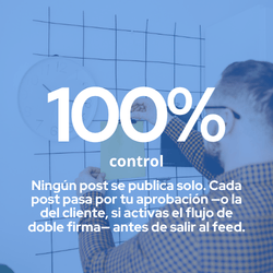 100% control Ningún post se publica solo. Cada post pasa por tu aprobación —o la del cliente, si activas el flujo de doble firma— antes de salir al feed