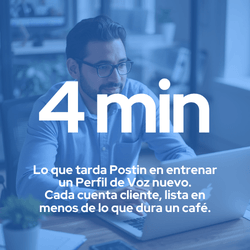 4 min Lo que tarda Postin en entrenar un Perfil de Voz nuevo. Cada cuenta cliente, lista en menos de lo que dura un café