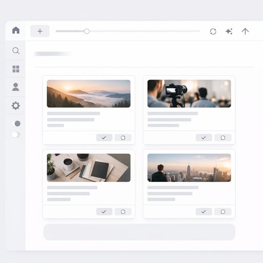 Panel minimalista de generación de contenido mostrando borradores de posts creados con IA