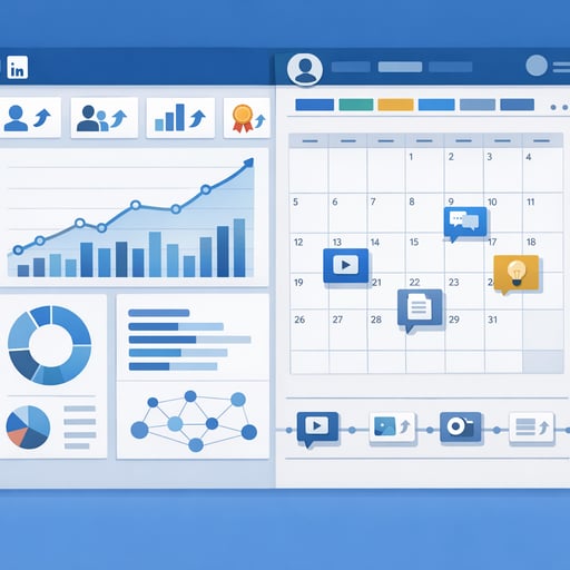Panel de analíticas y calendario de programación de LinkedIn mostrando métricas de crecimiento profesional
