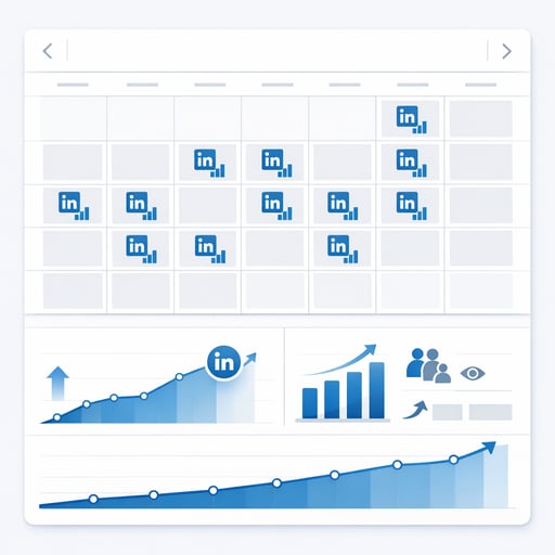 Interfaz limpia de calendario de programación mostrando crecimiento de publicaciones en LinkedIn