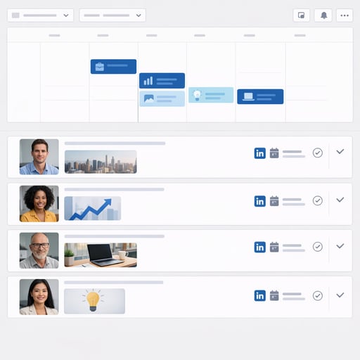 Interfaz limpia de Postin mostrando programación de publicaciones en LinkedIn con avatares de profesionales