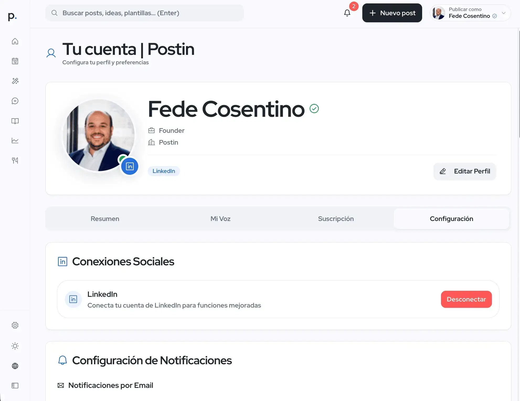 Postin account panel with LinkedIn profile and direct support Postin account panel with LinkedIn profile and direct support