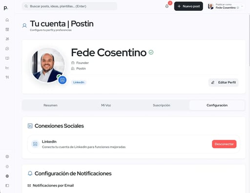 Panel de cuenta de Postin con perfil de LinkedIn y soporte directo Panel de cuenta de Postin con perfil de LinkedIn y soporte directo