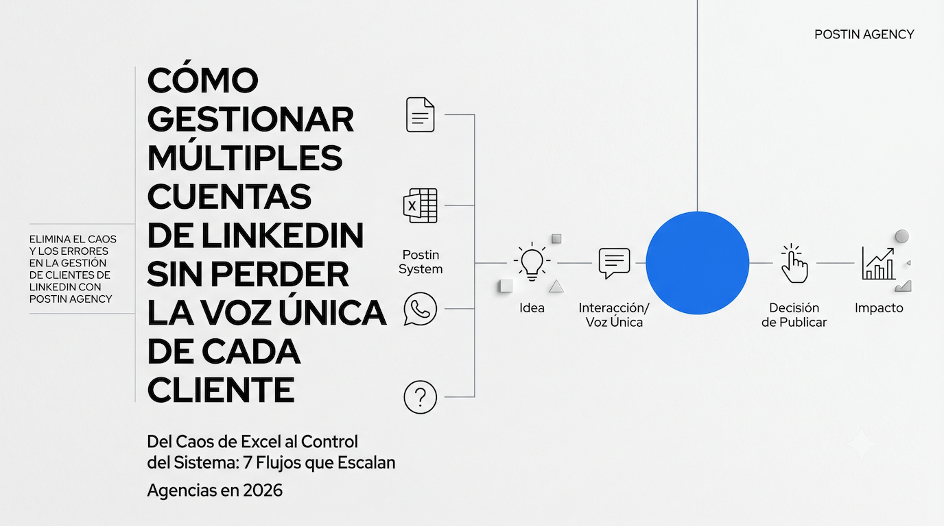 Presenta 7 flujos de trabajo repetibles para planificar, programar y reportar contenido de LinkedIn a clientes, con checklist, plantillas y métricas clave, e indicando dónde encaja Postin frente a Buffer, Sprout Social, Shield y Taplio.