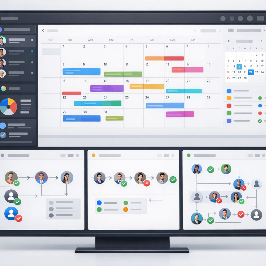 Panel de gestión multi-cliente de Postin Agency con vista de calendario y flujos de aprobación