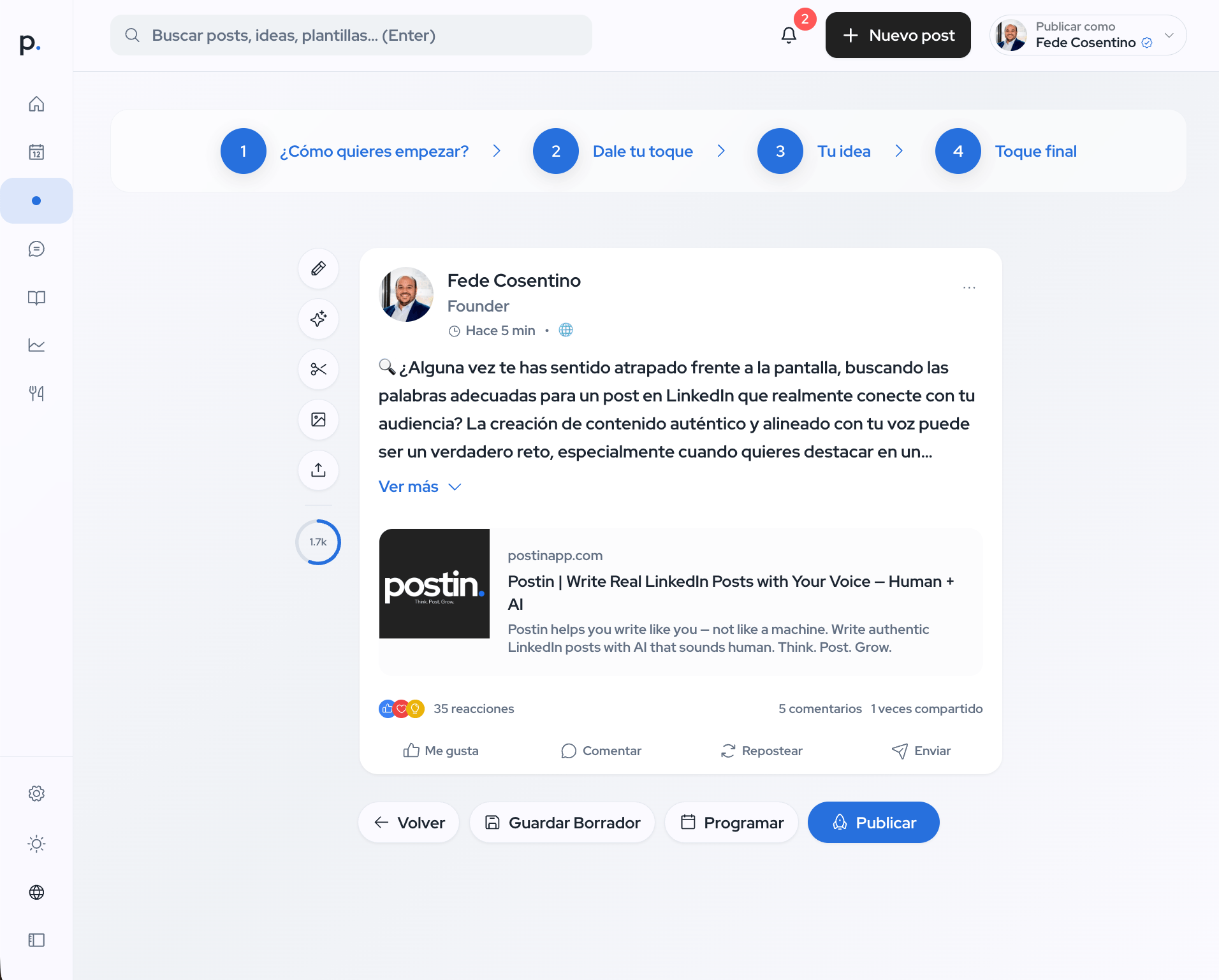 Crear contenido desde un editor simple y fácil de usar para crear contenido para Linkedin.
