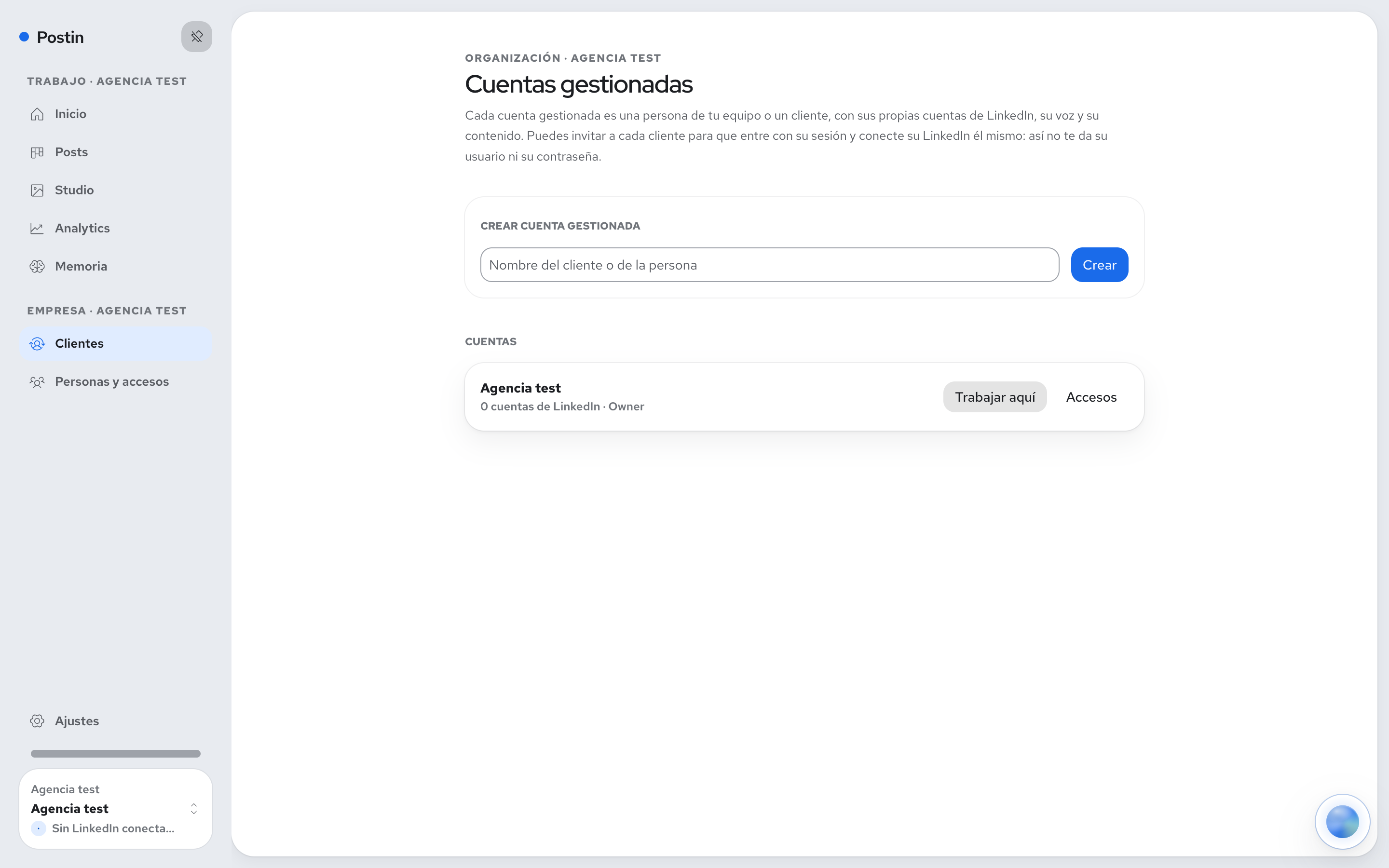 Clientes en Postin: varias cuentas de LinkedIn gestionadas desde una sola organización
