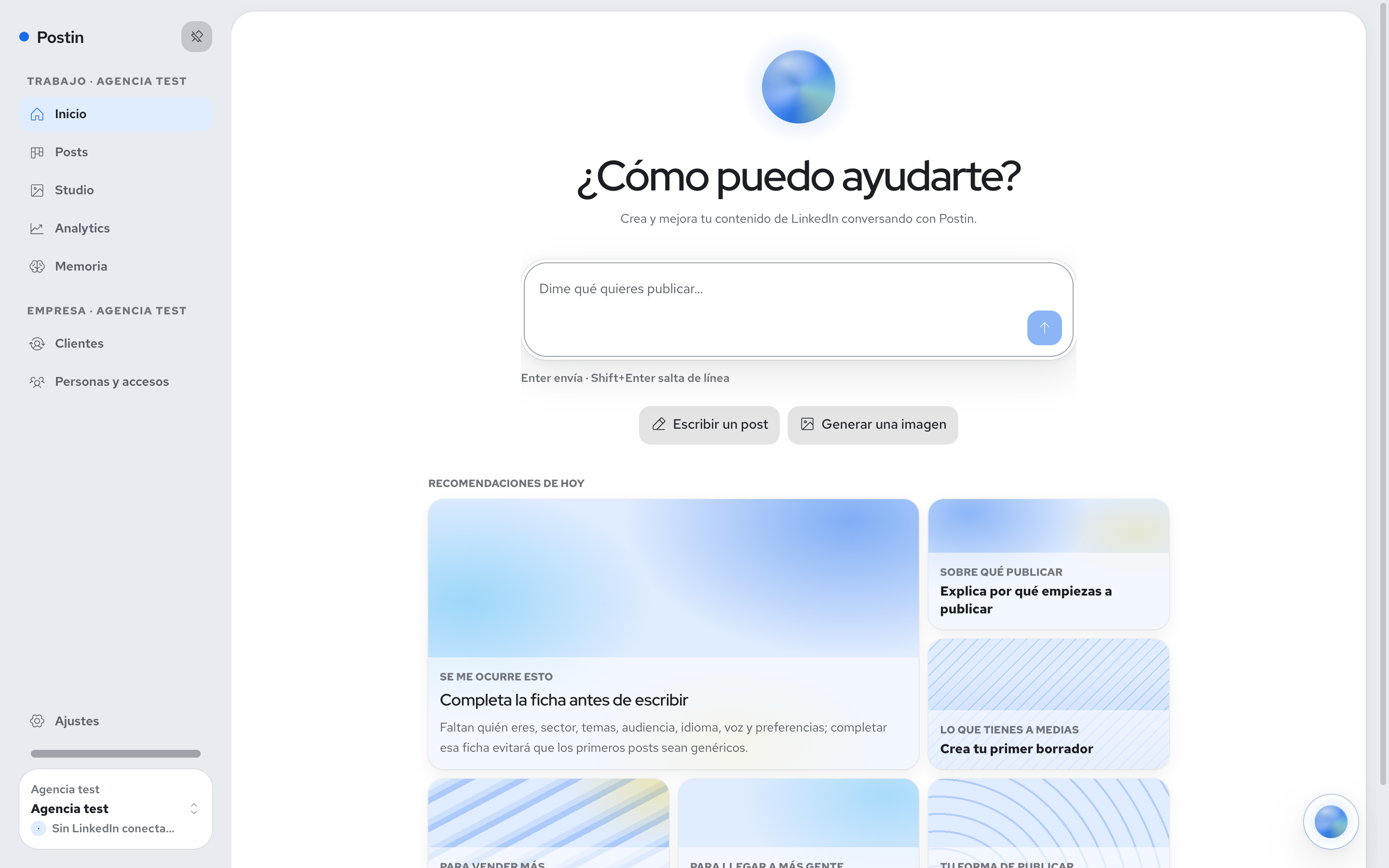 Inicio de Postin: el chat donde pides un post y Postin lo escribe con tu voz