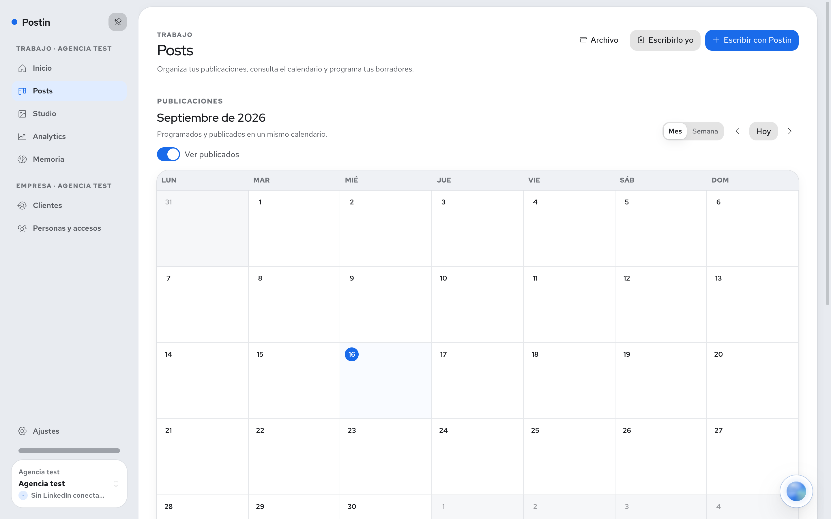 Posts de Postin: el calendario con lo programado y lo publicado en un mismo sitio